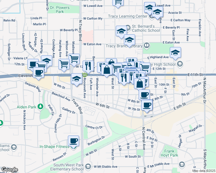 map of restaurants, bars, coffee shops, grocery stores, and more near 320 West 10th Street in Tracy