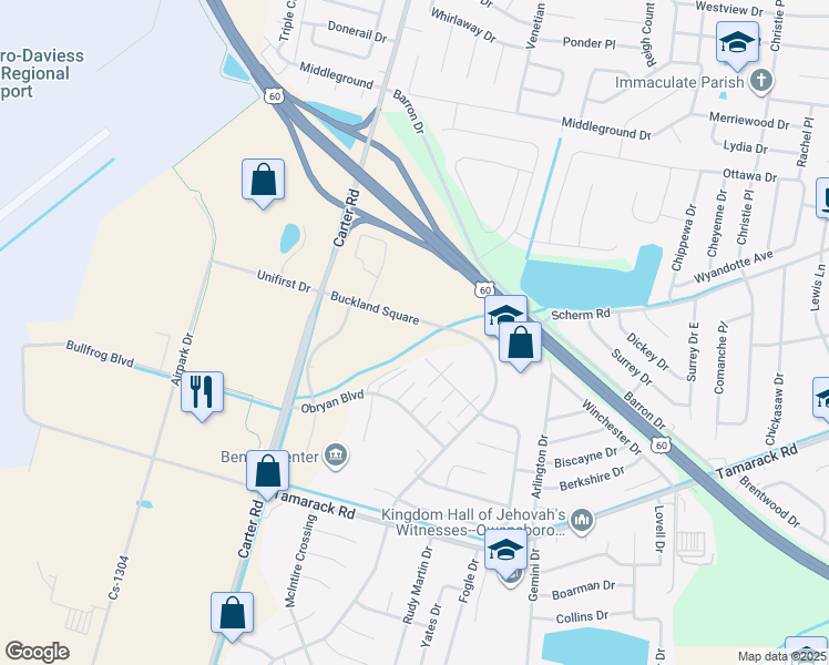 map of restaurants, bars, coffee shops, grocery stores, and more near 3288 Buckland Square in Owensboro