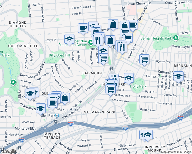map of restaurants, bars, coffee shops, grocery stores, and more near 219 Whitney Street in San Francisco