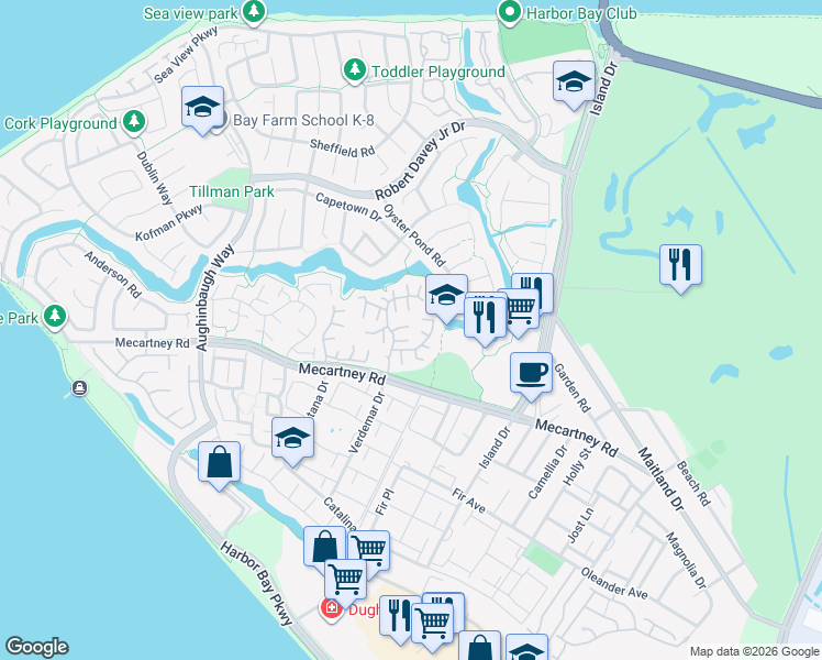 map of restaurants, bars, coffee shops, grocery stores, and more near 414 Ironwood Road in Alameda
