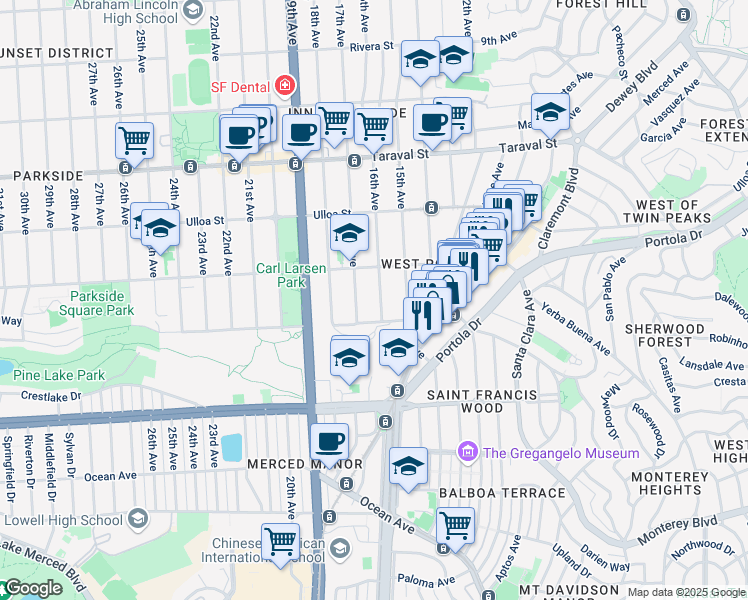map of restaurants, bars, coffee shops, grocery stores, and more near 2650 16th Avenue in San Francisco