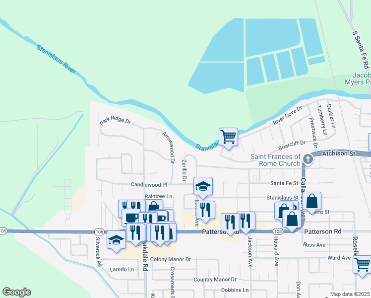 map of restaurants, bars, coffee shops, grocery stores, and more near 6825 Zerillo Drive in Riverbank