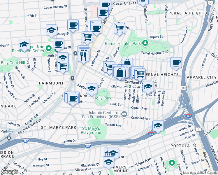 map of restaurants, bars, coffee shops, grocery stores, and more near 365 Bocana Street in San Francisco