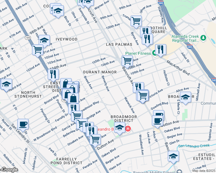 map of restaurants, bars, coffee shops, grocery stores, and more near 2001 Durant Avenue in Oakland