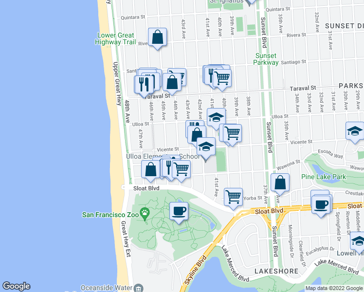 map of restaurants, bars, coffee shops, grocery stores, and more near 3240 Vicente Street in San Francisco