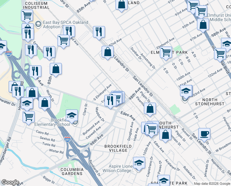 map of restaurants, bars, coffee shops, grocery stores, and more near 714 Tyler Street in Oakland