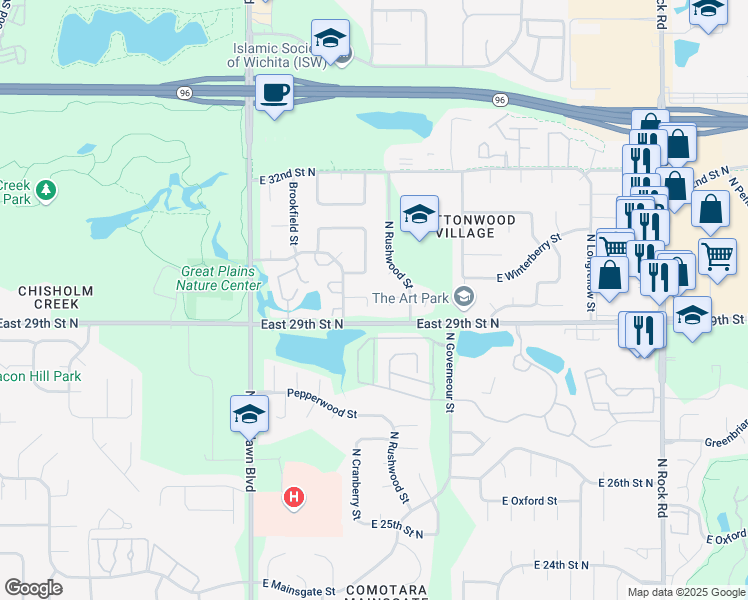 map of restaurants, bars, coffee shops, grocery stores, and more near 6738 East Winterberry Circle in Wichita