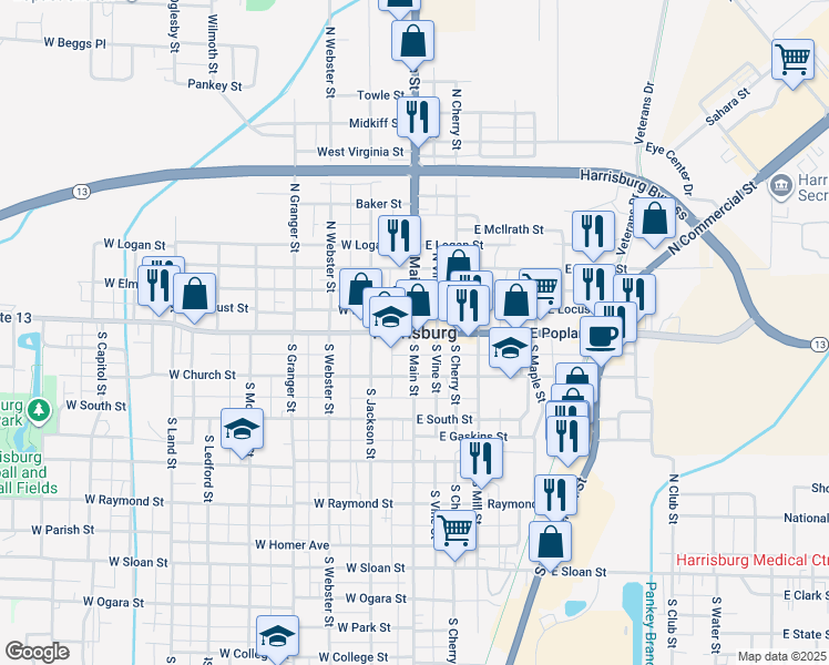 map of restaurants, bars, coffee shops, grocery stores, and more near in Harrisburg