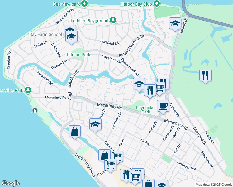 map of restaurants, bars, coffee shops, grocery stores, and more near 210 Chinaberry Lane in Alameda