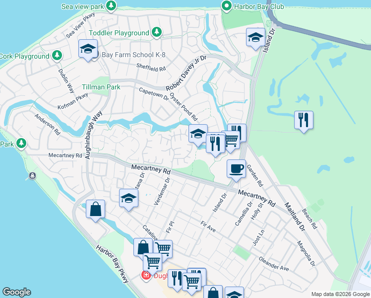 map of restaurants, bars, coffee shops, grocery stores, and more near 510 Lagunaria Lane in Alameda