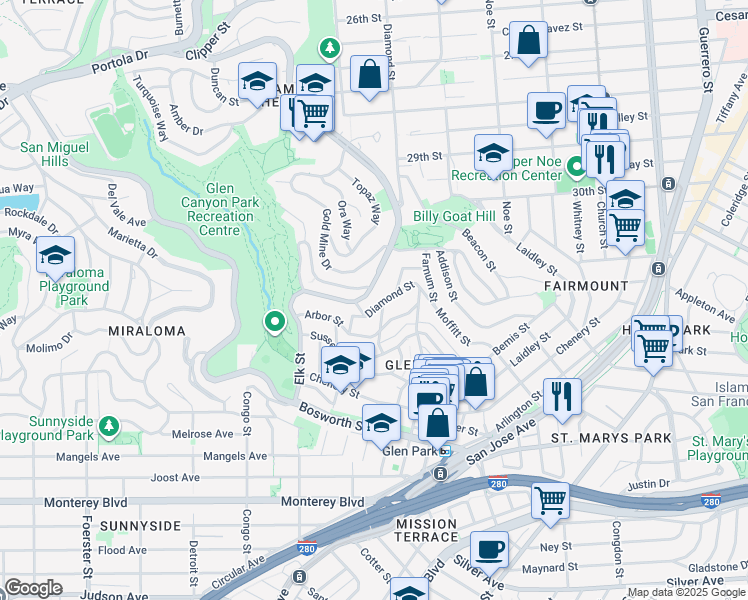 map of restaurants, bars, coffee shops, grocery stores, and more near 2409 Diamond Street in San Francisco