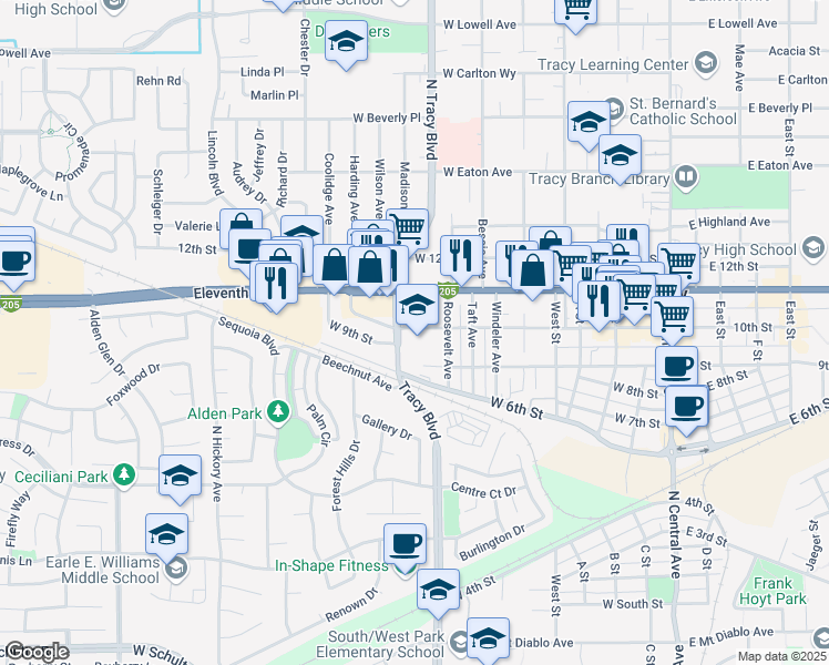 map of restaurants, bars, coffee shops, grocery stores, and more near 650 West 10th Street in Tracy