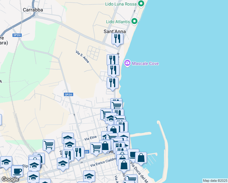 map of restaurants, bars, coffee shops, grocery stores, and more near 334 Via Spiaggia Sant'Anna in Mascali