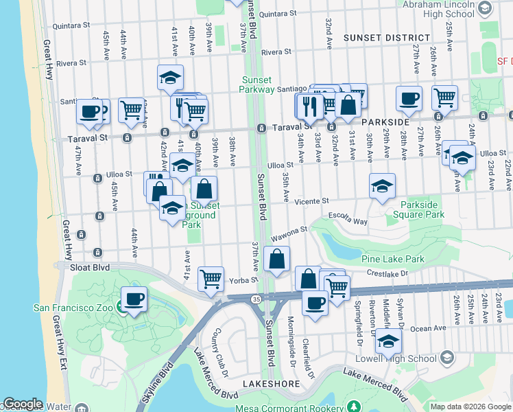 map of restaurants, bars, coffee shops, grocery stores, and more near 2575 Vicente Street in San Francisco