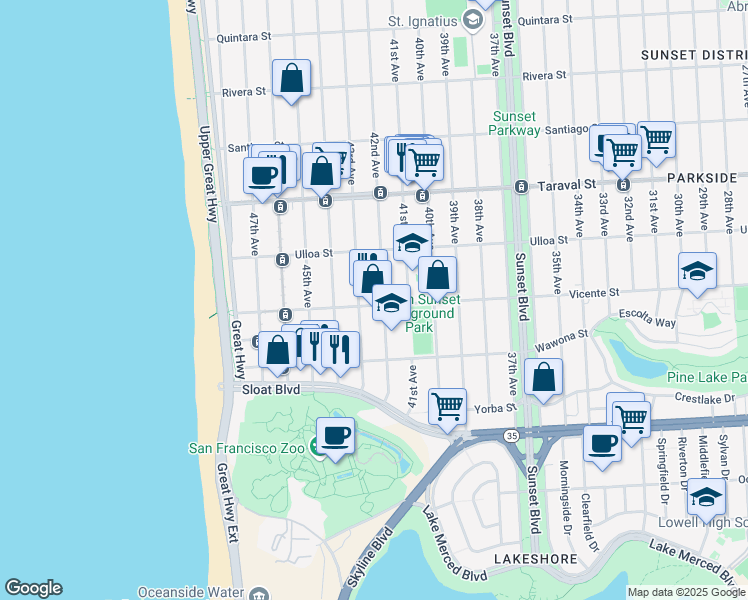 map of restaurants, bars, coffee shops, grocery stores, and more near 3100 Vicente Street in San Francisco
