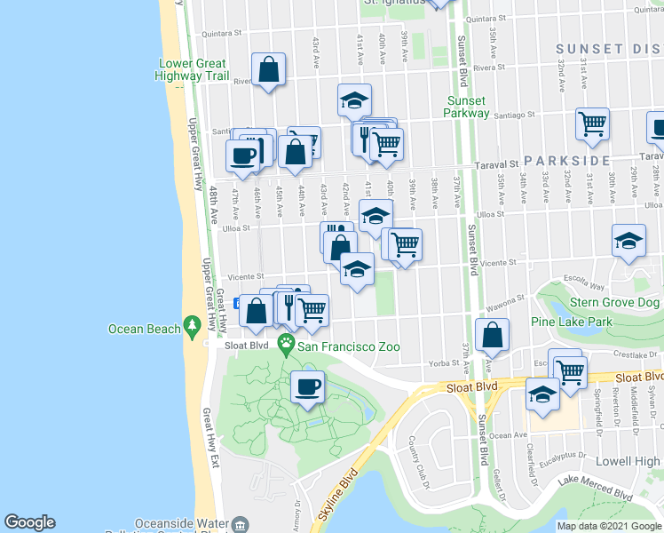 map of restaurants, bars, coffee shops, grocery stores, and more near 3100 Vicente Street in San Francisco
