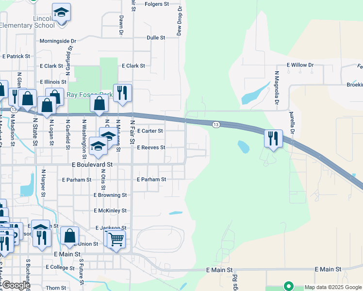 map of restaurants, bars, coffee shops, grocery stores, and more near 1002 North Radcliffe Street in Marion