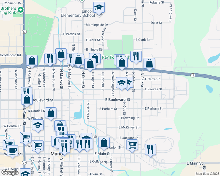 map of restaurants, bars, coffee shops, grocery stores, and more near 1004 North Washington Street in Marion