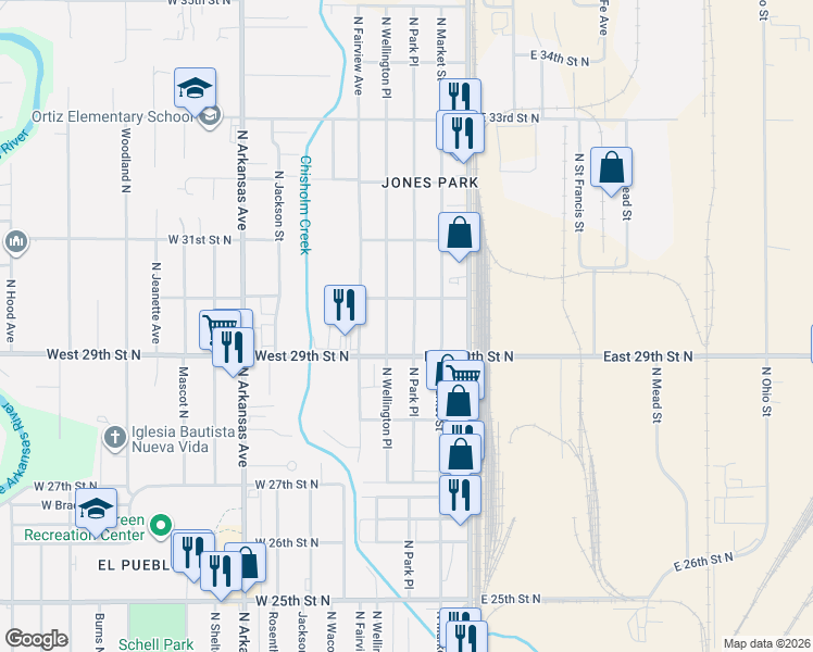 map of restaurants, bars, coffee shops, grocery stores, and more near 3038 North Park Place in Wichita