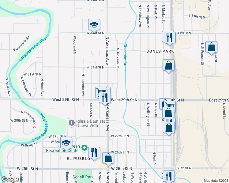 map of restaurants, bars, coffee shops, grocery stores, and more near 3037 Jackson North Avenue in Wichita