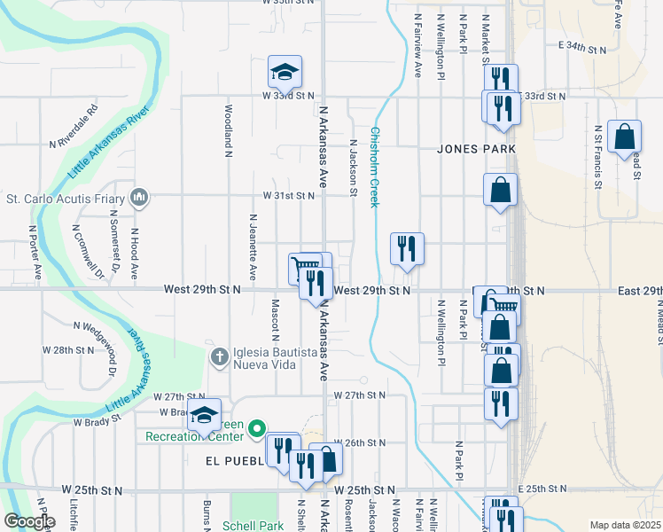 map of restaurants, bars, coffee shops, grocery stores, and more near 3037 Jackson North Avenue in Wichita