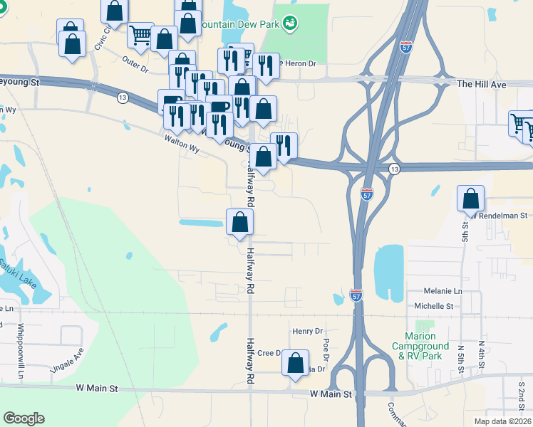 map of restaurants, bars, coffee shops, grocery stores, and more near 711-845 Halfway Road in Marion