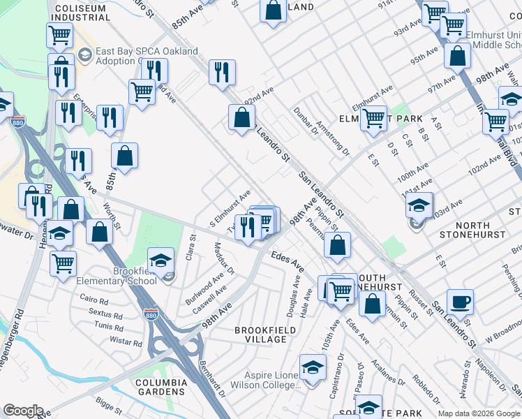 map of restaurants, bars, coffee shops, grocery stores, and more near 714 Tyler Street in Oakland