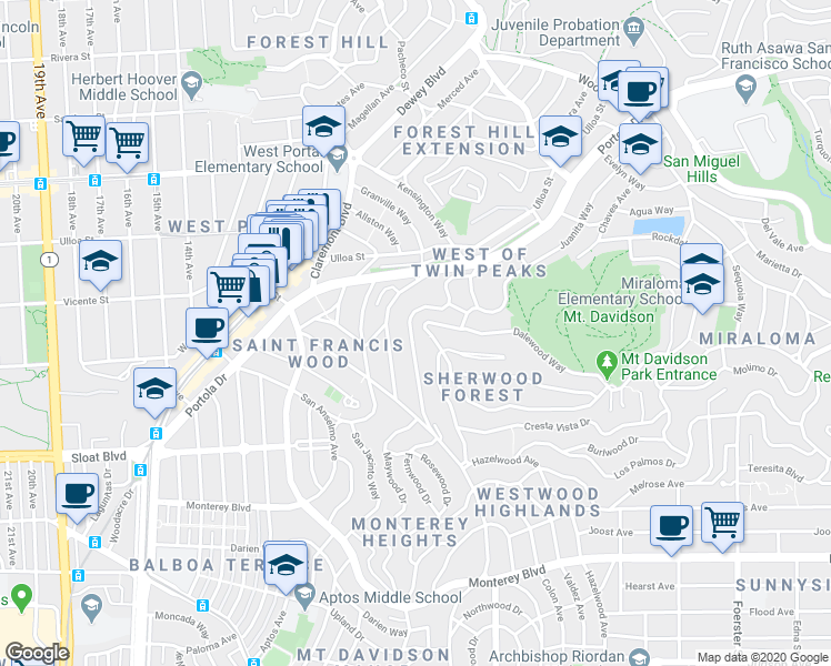 map of restaurants, bars, coffee shops, grocery stores, and more near 89 Miraloma Drive in San Francisco