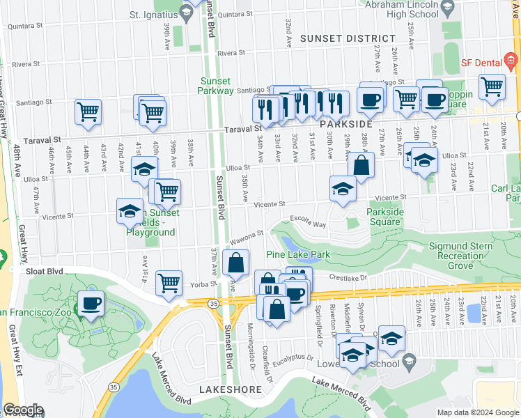 map of restaurants, bars, coffee shops, grocery stores, and more near 2601 34th Avenue in San Francisco