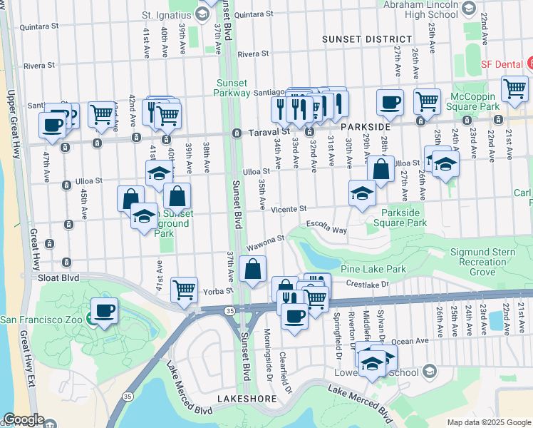 map of restaurants, bars, coffee shops, grocery stores, and more near 2600 35th Avenue in San Francisco