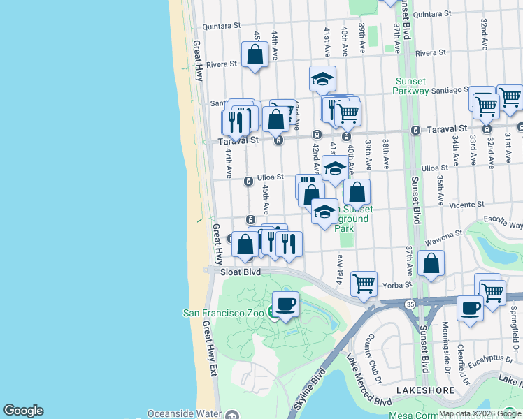 map of restaurants, bars, coffee shops, grocery stores, and more near 2583 45th Avenue in San Francisco