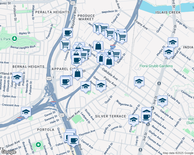 map of restaurants, bars, coffee shops, grocery stores, and more near 2166 Quesada Avenue in San Francisco