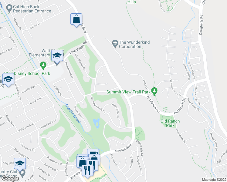 map of restaurants, bars, coffee shops, grocery stores, and more near 9513 Thunderbird Drive in San Ramon