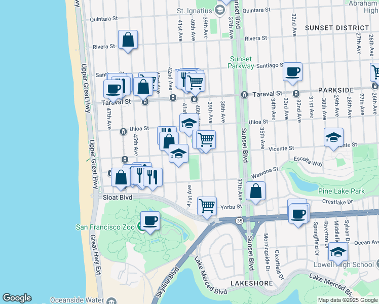 map of restaurants, bars, coffee shops, grocery stores, and more near 2594 41st Avenue in San Francisco