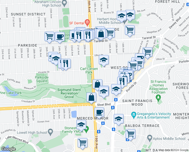 map of restaurants, bars, coffee shops, grocery stores, and more near 2646 19th Avenue in San Francisco