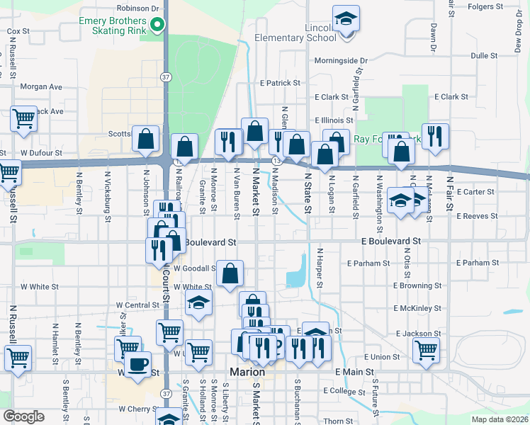 map of restaurants, bars, coffee shops, grocery stores, and more near 106 East Stockton Street in Marion