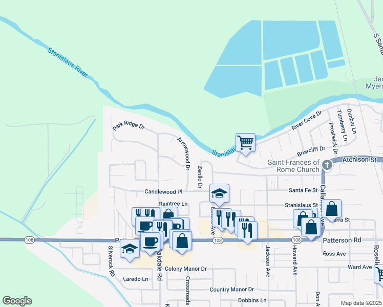 map of restaurants, bars, coffee shops, grocery stores, and more near 6825 Zerillo Drive in Riverbank