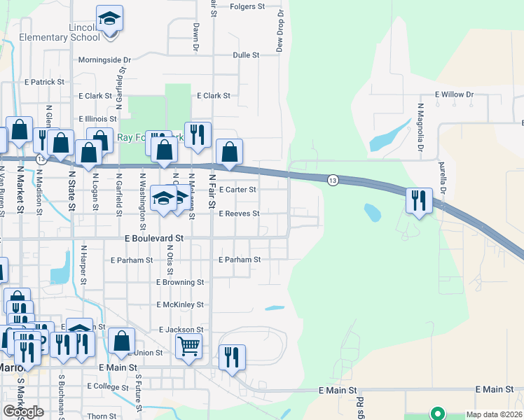 map of restaurants, bars, coffee shops, grocery stores, and more near 1003 North Taft Street in Marion