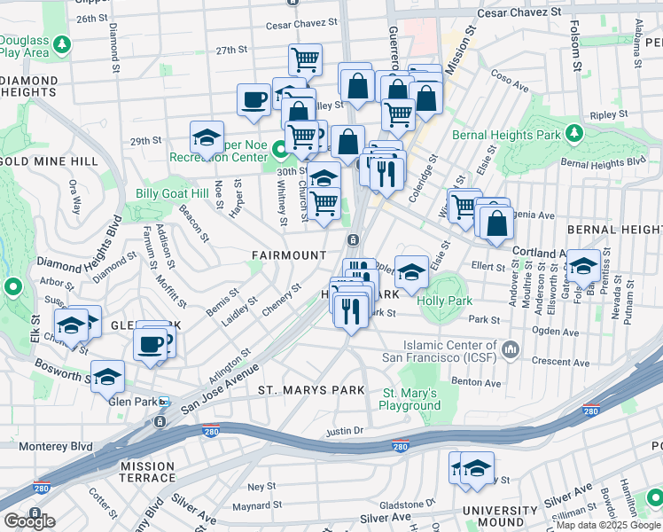 map of restaurants, bars, coffee shops, grocery stores, and more near 144 Arlington Street in San Francisco