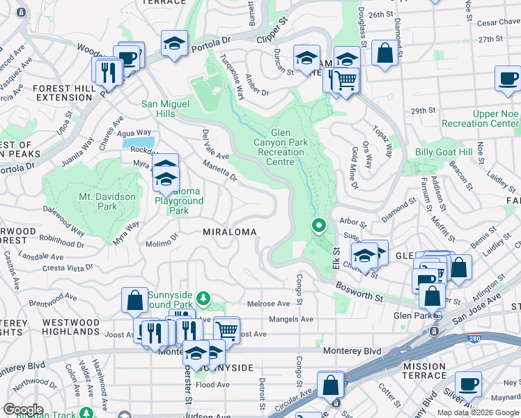 map of restaurants, bars, coffee shops, grocery stores, and more near 35 El Sereno Court in San Francisco