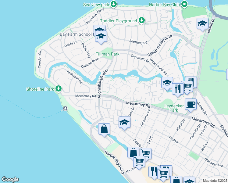 map of restaurants, bars, coffee shops, grocery stores, and more near 208 Galway Bay in Alameda
