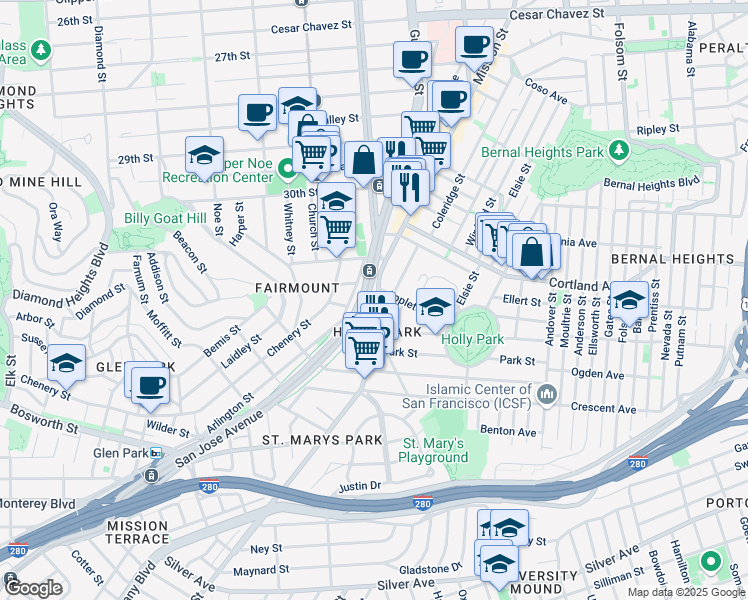 map of restaurants, bars, coffee shops, grocery stores, and more near 3620 Mission Street in San Francisco