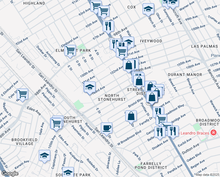 map of restaurants, bars, coffee shops, grocery stores, and more near 1235 104th Avenue in Oakland