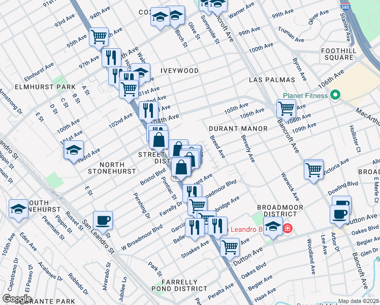 map of restaurants, bars, coffee shops, grocery stores, and more near 1502 Tucker Street in Oakland