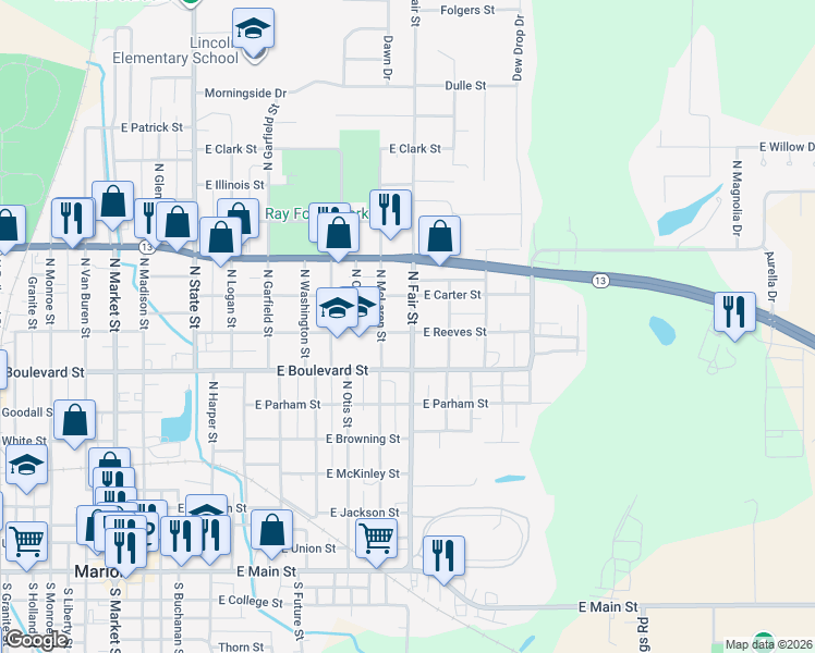 map of restaurants, bars, coffee shops, grocery stores, and more near 908 East Reeves Street in Marion