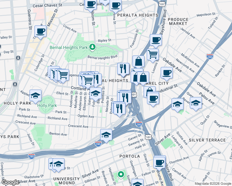 map of restaurants, bars, coffee shops, grocery stores, and more near 80 Bronte Street in San Francisco