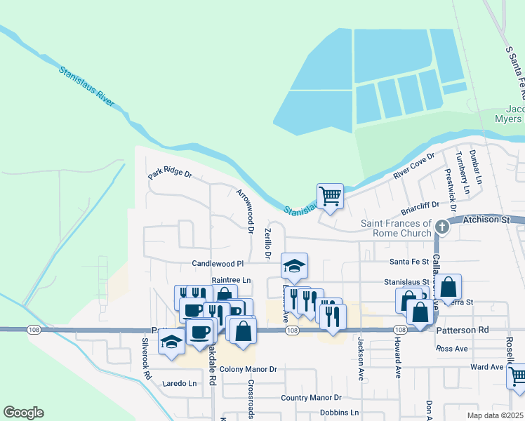 map of restaurants, bars, coffee shops, grocery stores, and more near 6825 Zerillo Drive in Riverbank