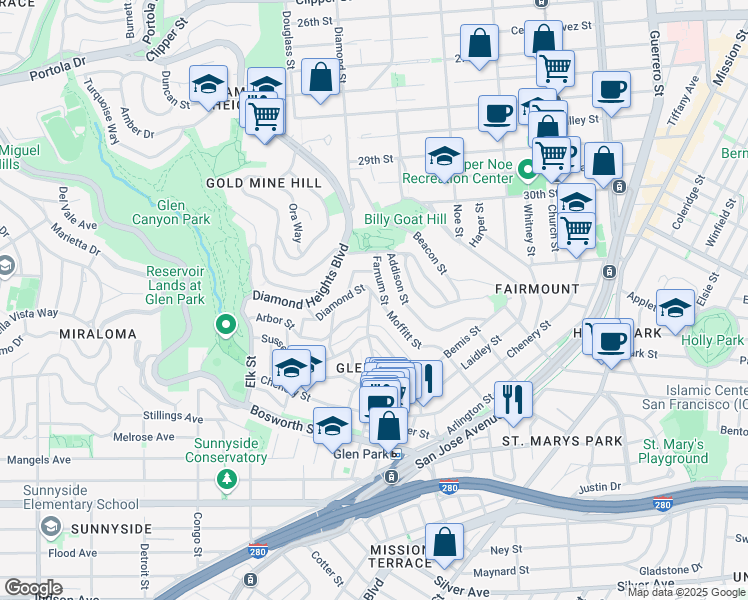map of restaurants, bars, coffee shops, grocery stores, and more near 197 Moffitt Street in San Francisco
