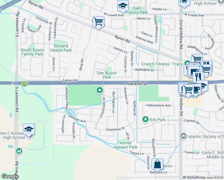 map of restaurants, bars, coffee shops, grocery stores, and more near 1021 Ben Ingram Lane in Tracy