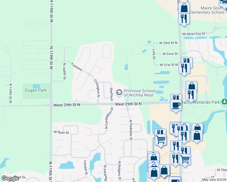 map of restaurants, bars, coffee shops, grocery stores, and more near 3102 North Shefford Street in Wichita